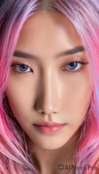 1girl,solo,long hair,looking at viewer,bangs,blue eyes,closed mouth,pink hair,multicolored hair,lips,parted bangs,eyelashes,makeup,portrait,close-up,pink lips,realistic,nose,straight-on,eye focus,artist name,blurry,lipstick