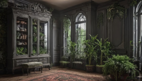 day,indoors,no humans,window,chair,table,sunlight,plant,scenery,door,potted plant,vines,pillar,arch,overgrown,couch,wooden floor,carpet,rug,chandelier