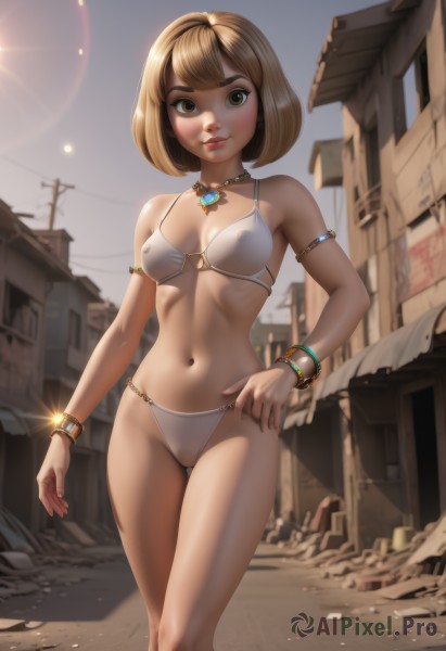 1girl,solo,breasts,looking at viewer,smile,short hair,bangs,brown hair,navel,bare shoulders,brown eyes,jewelry,medium breasts,closed mouth,standing,swimsuit,bikini,small breasts,outdoors,sky,day,artist name,necklace,stomach,blurry,bracelet,covered nipples,blue sky,lips,hand on hip,feet out of frame,cameltoe,white bikini,thigh gap,sunlight,bob cut,building,lens flare,armlet,backlighting,city,sun,power lines,town,blonde hair,parted lips,gem,walking,bangle,utility pole