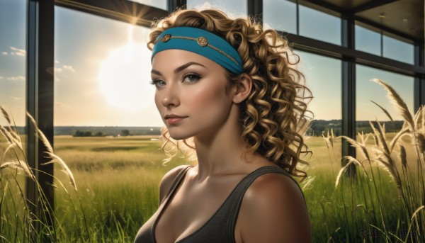 1girl,solo,long hair,breasts,looking at viewer,smile,brown hair,cleavage,bare shoulders,brown eyes,medium breasts,collarbone,upper body,sky,day,cloud,indoors,dark skin,dark-skinned female,lips,eyelashes,window,headband,sunlight,tank top,grass,curly hair,realistic,nose,sun,blue eyes,field