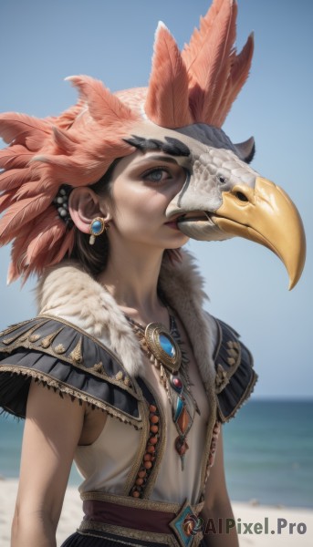 1girl,solo,short hair,brown hair,black hair,hair ornament,brown eyes,jewelry,upper body,earrings,outdoors,sky,sleeveless,day,necklace,blurry,from side,blue sky,lips,profile,mask,blurry background,bird,ocean,beach,feathers,gem,freckles,realistic,nose,sand,mask on head,looking afar,animal skull,looking at viewer,blue eyes,hat,water,flat chest,sash,fur trim,depth of field,feather hair ornament,beak,eagle