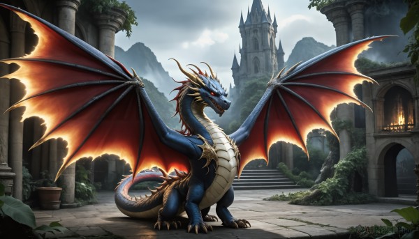 HQ,solo,open mouth,red eyes,standing,tail,outdoors,wings,horns,sky,day,cloud,tree,no humans,fangs,cloudy sky,plant,building,scenery,claws,stairs,mountain,fantasy,dragon,scales,ruins,pillar,castle,dragon wings,leaf,fire