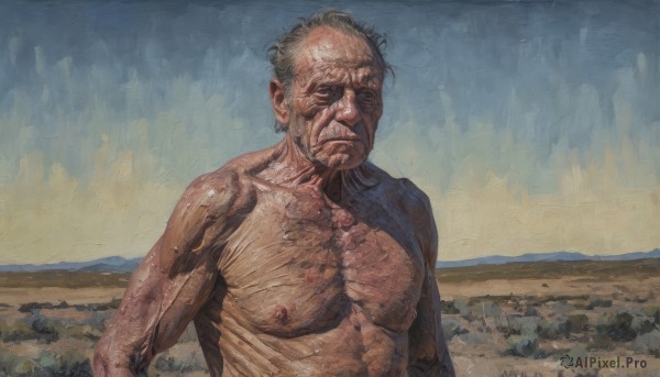 solo,looking at viewer,1boy,closed mouth,nipples,upper body,grey hair,male focus,outdoors,sky,facial hair,scar,traditional media,parody,realistic,painting (medium),manly,old,old man,faux traditional media,fine art parody,wrinkled skin,short hair,nude,day,blue sky,blood,muscular,pectorals,topless male,painterly