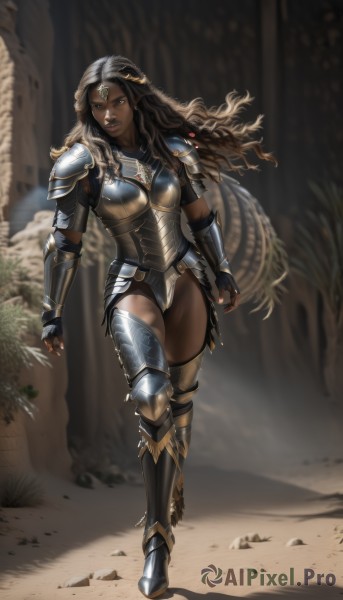 1girl,solo,long hair,breasts,looking at viewer,brown hair,black hair,thighhighs,gloves,brown eyes,jewelry,medium breasts,standing,full body,boots,outdoors,parted lips,pointy ears,artist name,dark skin,fingerless gloves,armor,blurry,leotard,dark-skinned female,lips,blurry background,thigh boots,wavy hair,elf,shoulder armor,gauntlets,clenched hands,walking,pauldrons,circlet,breastplate,realistic,nose,arms at sides,vambraces,armored boots,greaves,dark elf,gorget,boobplate,braid,cape,shadow