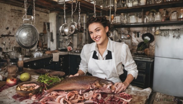 1girl,solo,looking at viewer,smile,short hair,brown hair,shirt,black hair,holding,brown eyes,white shirt,upper body,food,teeth,collared shirt,indoors,grin,black eyes,apron,fruit,chain,bottle,knife,plate,sleeves rolled up,bowl,realistic,apple,bread,cooking,meat,kitchen,vegetable,frying pan,kitchen knife,cutting board,onion,steak,hook,blue eyes,jewelry,blurry,cup,blood,table,ring,holding knife,sleeves pushed up,jar,lemon,tomato,sink,potato,radish