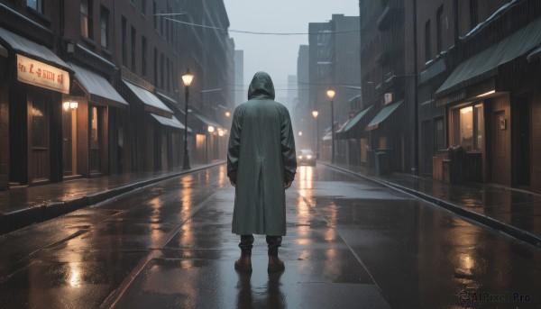 1girl,solo,black hair,long sleeves,1boy,standing,male focus,boots,outdoors,sky,pants,hood,water,from behind,coat,night,brown footwear,black pants,building,scenery,1other,hood up,reflection,walking,rain,black coat,city,sign,facing away,road,lamppost,street,hooded coat,ambiguous gender,puddle,raincoat,reflective floor,jacket,black footwear,english text,window,power lines,vanishing point