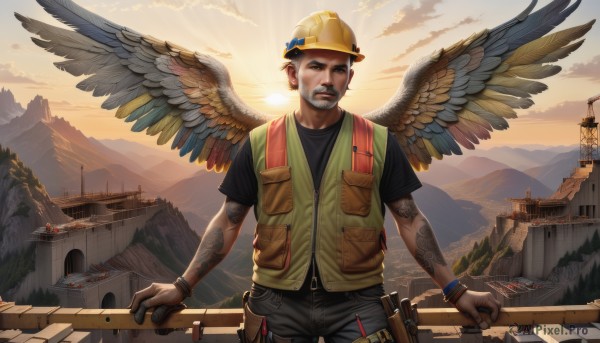 solo,looking at viewer,shirt,1boy,hat,jewelry,standing,white hair,short sleeves,male focus,cowboy shot,outdoors,wings,sky,shorts,pants,cloud,bag,vest,bracelet,black shirt,tattoo,facial hair,backpack,helmet,knife,building,feathered wings,beard,sunset,mountain,realistic,aircraft,mustache,railing,sun,holster,arm tattoo,yellow headwear,hardhat,brown hair,black hair,brown eyes,tree,bird,black shorts,sunlight,wristband,scenery,city,fence,house,sunrise,brown wings