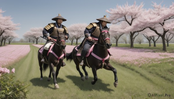 long sleeves,hat,flower,male focus,outdoors,multiple boys,sky,day,2boys,armor,tree,blue sky,animal,helmet,grass,cherry blossoms,riding,japanese armor,field,horse,horseback riding,reins,saddle,smile,black hair,holding,closed mouth,standing,full body,closed eyes,weapon,cloud,vest,petals,shadow,facial hair,scenery,pink flower,taur,path,samurai,spring (season),centaur,kabuto (helmet),jingasa