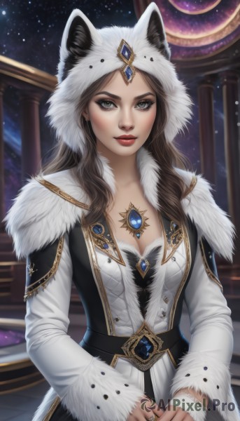 1girl,solo,long hair,breasts,looking at viewer,brown hair,long sleeves,dress,animal ears,cleavage,brown eyes,jewelry,medium breasts,upper body,sky,hood,necklace,white dress,lips,coat,grey eyes,fur trim,makeup,ring,lipstick,brooch,gem,star (sky),pendant,starry sky,animal hood,nose,red lips,red gemstone,artist name,watermark,web address,realistic