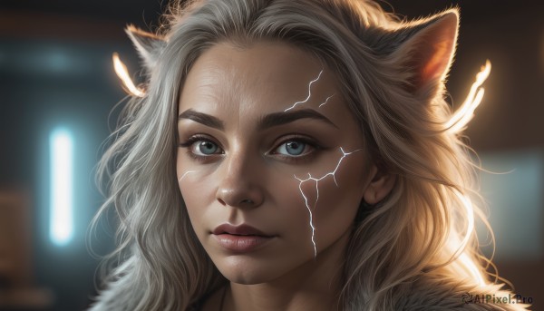 1girl,solo,long hair,looking at viewer,blue eyes,blonde hair,animal ears,closed mouth,grey hair,cat ears,blurry,lips,eyelashes,depth of field,blurry background,facial mark,piercing,portrait,forehead,freckles,realistic,nose,close-up,electricity,eyebrow piercing