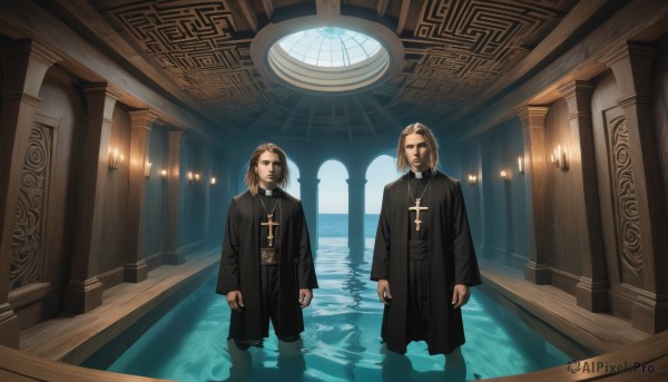 looking at viewer,blonde hair,brown hair,long sleeves,brown eyes,jewelry,closed mouth,standing,male focus,multiple boys,pants,indoors,2boys,medium hair,water,necklace,black eyes,facial hair,siblings,black pants,cross,wading,reflection,black coat,robe,arms at sides,candle,cross necklace,brothers,church,black robe,priest,beard,arch,chandelier