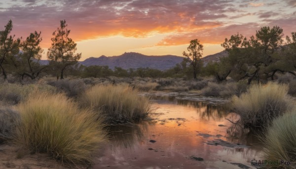 outdoors,sky,cloud,water,tree,no humans,cloudy sky,grass,plant,nature,scenery,forest,reflection,sunset,mountain,sun,river,evening,landscape,mountainous horizon,lake,gradient sky,orange sky,red sky,rock