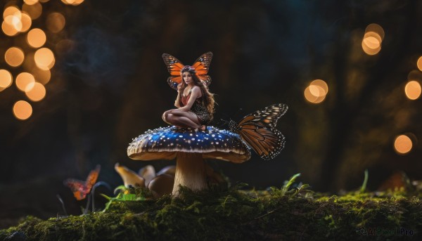 1girl,solo,long hair,blonde hair,hair ornament,dress,bare shoulders,sitting,wings,barefoot,blurry,night,depth of field,grass,bug,butterfly,nature,antennae,fairy,mushroom,bokeh,butterfly wings,tree stump,breasts,smile,brown hair,black hair,hat,cleavage,jewelry,medium breasts,scenery,wide shot,moss