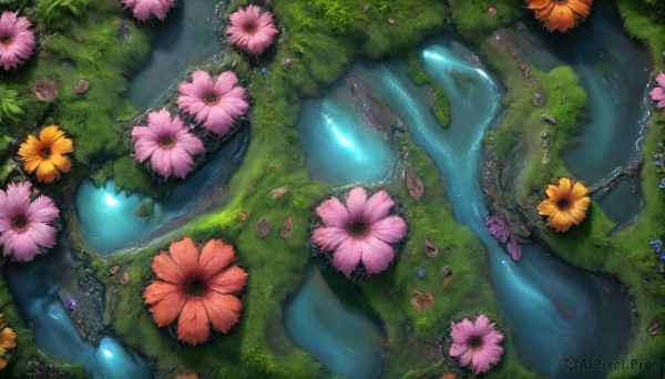 HQ,flower,outdoors,day,water,petals,no humans,glowing,from above,grass,nature,scenery,pink flower,blue flower,yellow flower,fantasy,purple flower,orange flower,tree,leaf,plant,river,lily pad,moss