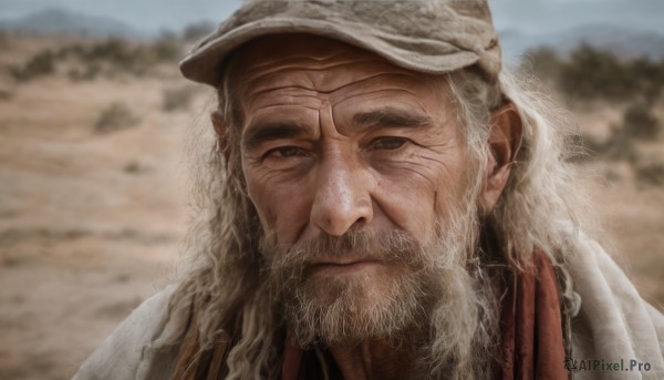 solo,long hair,looking at viewer,1boy,hat,closed mouth,upper body,white hair,male focus,outdoors,day,blurry,black eyes,blurry background,facial hair,scar,portrait,beard,scar on face,realistic,mustache,manly,old,old man,desert,wrinkled skin,brown eyes,grey hair,sky,signature,grey eyes,thick eyebrows