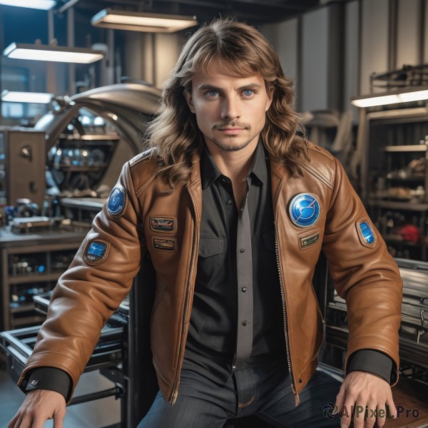 solo,long hair,looking at viewer,blue eyes,brown hair,shirt,long sleeves,1boy,sitting,closed mouth,jacket,male focus,open clothes,collared shirt,pants,indoors,blurry,open jacket,black shirt,blurry background,facial hair,chair,black pants,denim,beard,pocket,brown jacket,jeans,realistic,mustache,breast pocket,leather,animification,leather jacket,signature,lips,zipper,science fiction,stubble,emblem,unzipped,badge,bomber jacket,insignia