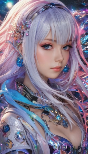 1girl,solo,long hair,breasts,looking at viewer,bangs,blue eyes,hair ornament,cleavage,jewelry,medium breasts,closed mouth,upper body,white hair,hairband,earrings,necklace,lips,eyelashes,makeup,gem,realistic,nose,blue gemstone,pink hair,multicolored hair,gradient hair,expressionless,star (sky),space,planet