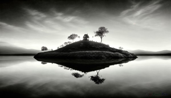 HQ,monochrome,greyscale,outdoors,sky,cloud,water,tree,no humans,ocean,cloudy sky,scenery,reflection,horizon,watercraft,boat,lake,island,1girl,solo,bird,grass,nature,flying,mountain,silhouette,landscape,hill