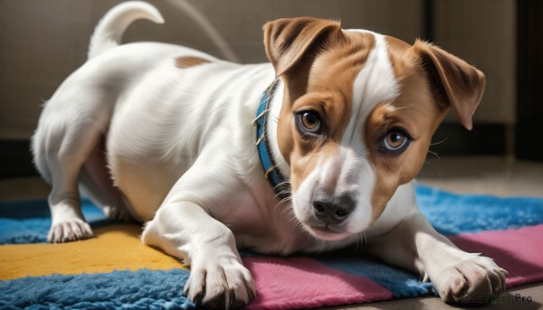 HQ,solo,looking at viewer,brown eyes,closed mouth,full body,indoors,blurry,collar,no humans,depth of field,blurry background,animal,dog,wooden floor,realistic,on floor,animal focus,carpet,rug,pet,animal collar