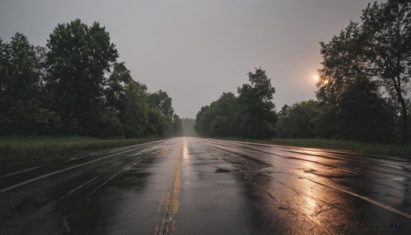 outdoors,sky,cloud,tree,no humans,grass,nature,scenery,forest,reflection,sunset,road,bush,power lines,lamppost,river,sunlight,sun,landscape,path