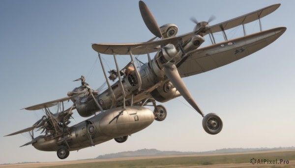 weapon,outdoors,multiple boys,sky,day,2boys,blue sky,gun,military,no humans,helmet,goggles,flying,aircraft,military vehicle,airplane,vehicle focus,machine gun,world war ii,desert,propeller,pilot,1girl,scenery,roundel