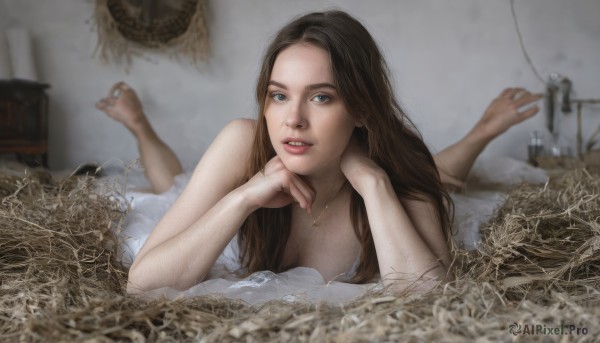 1girl,solo,long hair,breasts,looking at viewer,blue eyes,brown hair,black hair,dress,cleavage,jewelry,medium breasts,lying,parted lips,barefoot,indoors,necklace,white dress,blurry,feet,lips,bed,depth of field,soles,on stomach,legs up,head rest,realistic,feet up,the pose,nude,teeth,on bed