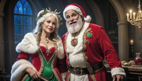 HQ,1girl,long hair,breasts,looking at viewer,smile,blonde hair,hair ornament,long sleeves,1boy,hat,dress,cleavage,jewelry,medium breasts,white hair,earrings,belt,indoors,necklace,fur trim,window,makeup,night,facial hair,red dress,christmas,beard,santa hat,pendant,santa costume,black belt,mustache,candle,old,christmas tree,christmas ornaments,wreath,candlestand,ornament,blue eyes,brown hair,realistic