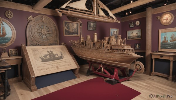 indoors,book,no humans,window,ocean,chair,table,scenery,desk,wooden floor,paper,clock,lamp,candle,watercraft,ship,painting (object),candlestand,weapon,english text,gun,military,shadow,stairs,photo (object),vehicle focus,picture frame,map,picture (object),airship