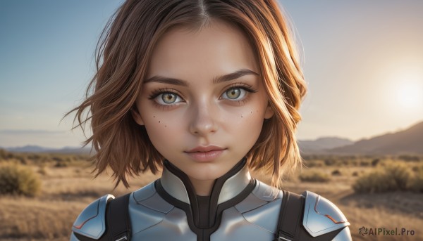 1girl,solo,looking at viewer,short hair,brown hair,brown eyes,closed mouth,green eyes,yellow eyes,upper body,outdoors,sky,day,blurry,lips,eyelashes,bodysuit,depth of field,blurry background,portrait,forehead,freckles,mountain,realistic,sun,field,straight-on,mountainous horizon,bangs,blue sky,close-up,backlighting,nose