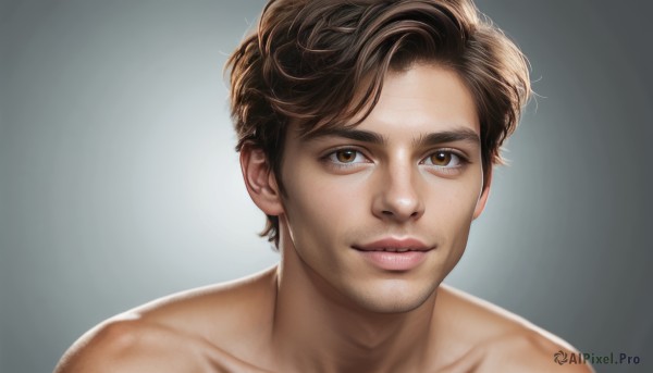 solo,looking at viewer,smile,short hair,simple background,brown hair,1boy,brown eyes,closed mouth,collarbone,male focus,parted lips,grey background,lips,facial hair,portrait,realistic,nose,stubble,bangs,upper body,nude,gradient,gradient background