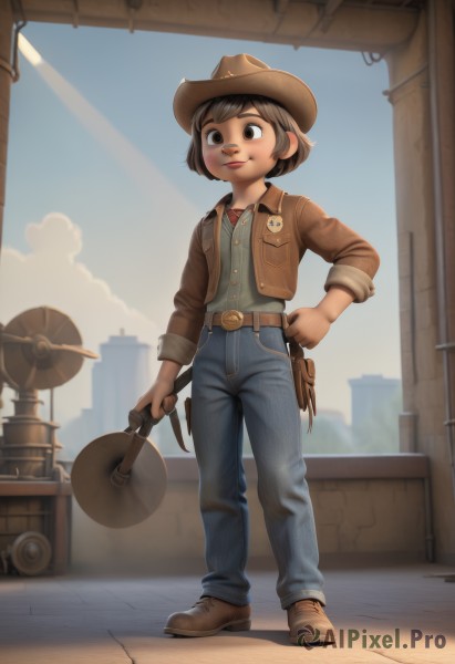 1girl,solo,smile,short hair,brown hair,shirt,long sleeves,hat,holding,brown eyes,closed mouth,standing,jacket,full body,weapon,boots,outdoors,open clothes,sky,day,belt,pants,cloud,signature,open jacket,blue sky,hand on hip,gun,buttons,brown footwear,denim,building,child,sleeves rolled up,pocket,brown jacket,jeans,brown headwear,blue pants,female child,brown belt,holster,leather,badge,cowboy hat,cowboy western,cowboy boots,bangs,black hair,shoes,collared shirt,holding weapon,vest,lips,sunlight,holding gun,handgun,plaid shirt,brown vest,holstered weapon