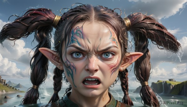 1girl,solo,long hair,looking at viewer,open mouth,blue eyes,brown hair,twintails,jewelry,braid,earrings,outdoors,sky,teeth,day,pointy ears,artist name,cloud,water,twin braids,blue sky,lips,wet,tattoo,ocean,fangs,facial mark,cloudy sky,portrait,angry,close-up,forehead,forehead mark,realistic,nose,hair tie,fantasy,wet hair,black hair,mountain,watercraft