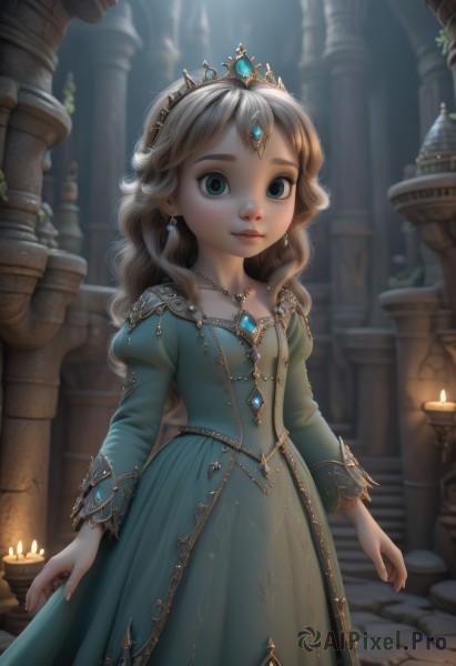 1girl,solo,long hair,looking at viewer,blue eyes,blonde hair,long sleeves,dress,jewelry,closed mouth,standing,earrings,puffy sleeves,artist name,indoors,necklace,blurry,flat chest,aqua eyes,lips,depth of field,blue dress,wavy hair,ring,tiara,crown,juliet sleeves,gem,child,pendant,green dress,candle,pillar,princess,aqua dress,column,breasts,eyelashes,fire,gown