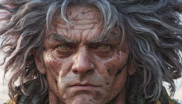 solo,long hair,looking at viewer,simple background,1boy,white background,closed mouth,yellow eyes,white hair,grey hair,male focus,lips,floating hair,feathers,portrait,close-up,realistic,medium hair,facial hair,scar,messy hair,scar on face,serious,scar across eye,stubble,wrinkled skin