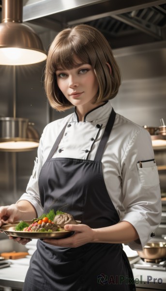 1girl,solo,looking at viewer,smile,short hair,bangs,brown hair,shirt,long sleeves,holding,brown eyes,closed mouth,standing,white shirt,cowboy shot,food,indoors,blunt bangs,blurry,apron,cup,lips,buttons,blurry background,bob cut,steam,plate,bowl,realistic,nose,kitchen,black apron,chef,breasts,artist name,sleeves rolled up,holding plate,vegetable