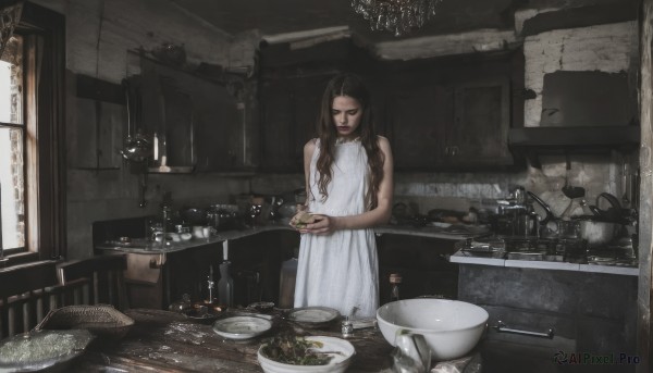 1girl,solo,long hair,bangs,brown hair,dress,holding,bare shoulders,brown eyes,closed mouth,standing,food,sleeveless,indoors,white dress,window,sleeveless dress,looking down,table,bottle,plate,bowl,realistic,candle,cooking,kitchen,sink,stove,cutting board,black hair,closed eyes,cup