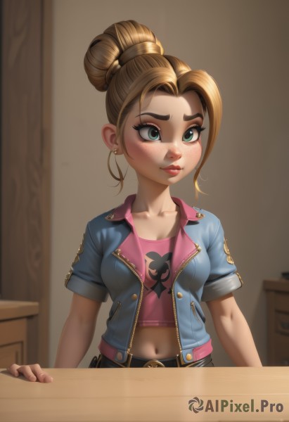 1girl,solo,breasts,blush,blue eyes,blonde hair,brown hair,shirt,navel,cleavage,jewelry,medium breasts,closed mouth,green eyes,collarbone,jacket,upper body,short sleeves,earrings,parted lips,open clothes,midriff,belt,pants,artist name,indoors,hair bun,open jacket,lips,crop top,fingernails,eyelashes,makeup,single hair bun,thick eyebrows,denim,lipstick,blue jacket,buckle,freckles,pink shirt,belt buckle,red lips,mascara,denim jacket,blurry,table,aged down,nose