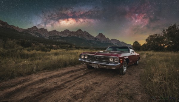 outdoors,sky,cloud,tree,no humans,night,grass,ground vehicle,star (sky),nature,night sky,scenery,motor vehicle,forest,starry sky,mountain,car,road,vehicle focus,mountainous horizon,sports car,sunset,field,evening,landscape,milky way