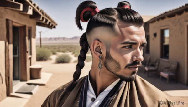 solo,long hair,shirt,black hair,1boy,brown eyes,jewelry,closed mouth,white shirt,upper body,braid,male focus,earrings,outdoors,day,blurry,black eyes,looking to the side,single braid,blurry background,facial hair,building,portrait,beard,braided ponytail,realistic,mustache,house,old,old man,wrinkled skin,twintails,sky,dark skin,twin braids,chair