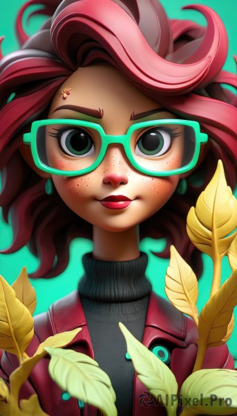 1girl,solo,looking at viewer,smile,short hair,simple background,jewelry,closed mouth,green eyes,jacket,upper body,pink hair,flower,red hair,multicolored hair,earrings,open clothes,glasses,artist name,medium hair,black eyes,two-tone hair,sweater,lips,makeup,turtleneck,leaf,watermark,plant,lipstick,portrait,red jacket,ribbed sweater,freckles,green background,turtleneck sweater,round eyewear,red lips,aqua background,green-framed eyewear,long hair,brown hair,streaked hair,eyelashes,nose