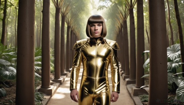 1girl,solo,looking at viewer,short hair,bangs,brown hair,black hair,long sleeves,brown eyes,closed mouth,standing,cowboy shot,outdoors,day,blunt bangs,armor,black eyes,tree,lips,bodysuit,sunlight,bob cut,plant,shoulder armor,nature,clenched hands,forest,realistic,arms at sides,bush,shoulder pads,pillar,gold armor,signature,parody,science fiction,serious,retro artstyle,yellow bodysuit