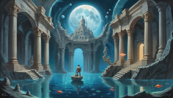 solo,1boy,standing,outdoors,sky,artist name,signature,water,armor,night,animal,moon,building,scenery,full moon,reflection,fish,bubble,stairs,fantasy,watercraft,architecture,ruins,pillar,statue,boat,arch,column,1girl,sitting,weapon,male focus,instrument,night sky,underwater,music,playing instrument,piano