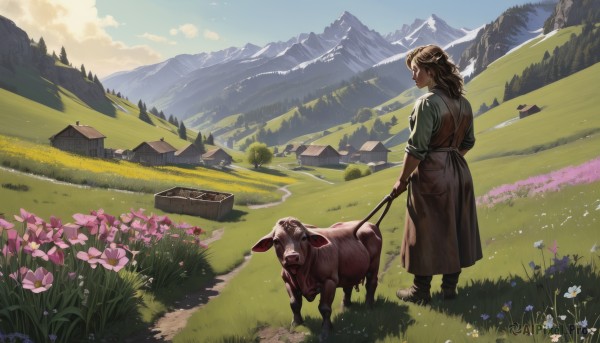 1girl,solo,long hair,blonde hair,brown hair,dress,holding,standing,braid,flower,boots,outdoors,sky,day,cloud,medium hair,from behind,apron,tree,blue sky,animal,grass,nature,scenery,pink flower,mountain,purple flower,field,house,wide shot,landscape,mountainous horizon,sheep,path,hill,cow,goat,skirt,shirt,signature,black footwear,collar,building,sleeves rolled up,dog,leash,road