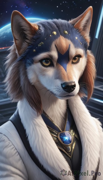 solo,1boy,brown eyes,jewelry,closed mouth,yellow eyes,upper body,male focus,artist name,signature,vest,fur trim,no humans,animal,brooch,gem,star (sky),furry,starry sky,realistic,space,furry male,body fur,animal focus,white fur,planet,fur,animal nose,whiskers,earth (planet),blue gemstone,black fur,looking at viewer,brown hair,shirt,animal ears,white shirt,necklace,dog,snout,shiba inu