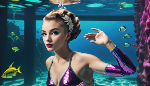 1girl,solo,breasts,looking at viewer,short hair,blue eyes,brown hair,hair ornament,cleavage,bare shoulders,jewelry,medium breasts,collarbone,swimsuit,upper body,flower,bikini,earrings,parted lips,detached sleeves,hair flower,water,lips,makeup,lipstick,bikini top only,fish,bubble,underwater,arm warmers,purple bikini,air bubble,swimming,coral,aquarium,small breasts,dark skin,curly hair,realistic