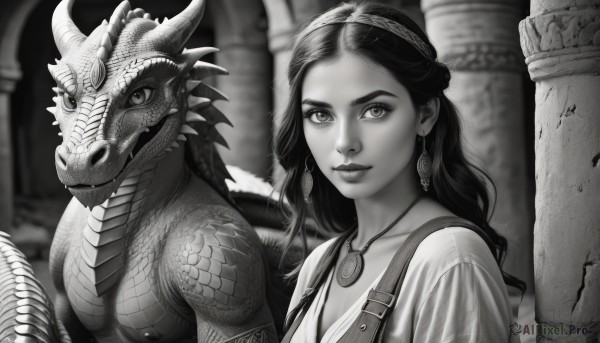 1girl,solo,long hair,breasts,looking at viewer,smile,jewelry,closed mouth,collarbone,monochrome,upper body,greyscale,earrings,necktie,horns,necklace,blurry,lips,blurry background,suspenders,realistic,nose,dragon,scales,pillar,column,cleavage,medium breasts,hairband,signature,eyelashes,portrait,pendant