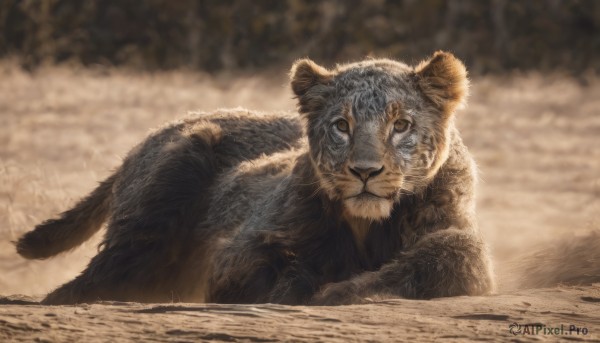 solo,looking at viewer,brown eyes,closed mouth,outdoors,blurry,no humans,depth of field,blurry background,animal,cat,realistic,animal focus,whiskers,signature,brown theme