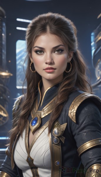 1girl,solo,long hair,breasts,looking at viewer,brown hair,cleavage,brown eyes,jewelry,medium breasts,closed mouth,jacket,upper body,earrings,blurry,lips,makeup,blurry background,forehead,freckles,science fiction,hoop earrings,realistic,nose,open clothes,artist name,necklace,lipstick