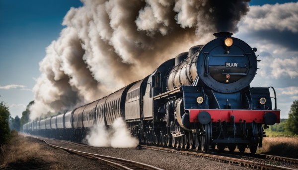 outdoors,sky,day,cloud,tree,blue sky,military,no humans,cloudy sky,ground vehicle,scenery,smoke,aircraft,military vehicle,vehicle focus,train,railroad tracks,multiple boys,grass,train station