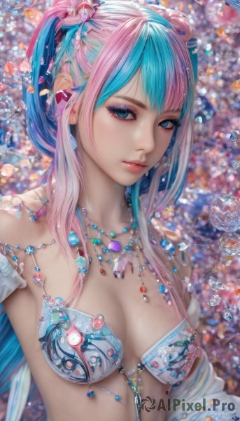 1girl,solo,long hair,breasts,looking at viewer,bangs,blue eyes,hair ornament,navel,cleavage,bare shoulders,twintails,jewelry,medium breasts,closed mouth,blue hair,collarbone,swimsuit,upper body,pink hair,sidelocks,bikini,multicolored hair,earrings,detached sleeves,artist name,signature,necklace,blurry,two-tone hair,aqua eyes,lips,eyelashes,aqua hair,gradient hair,makeup,depth of field,blurry background,gem,revealing clothes,eyeshadow,bubble,crystal,pink lips,realistic,nose,bikini armor,blue gemstone,mascara,pearl (gemstone),underwear,small breasts,open clothes,bra,watermark,expressionless,piercing,ear piercing,beads,water drop,eyeliner